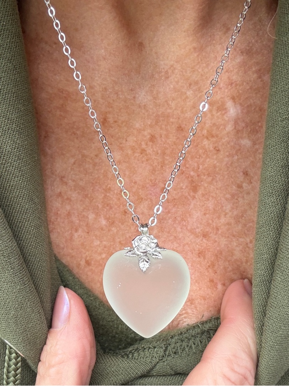 Gorgeous Frosted Glass Heart Pendant Necklace with Silver Rose with Leaf Bail.